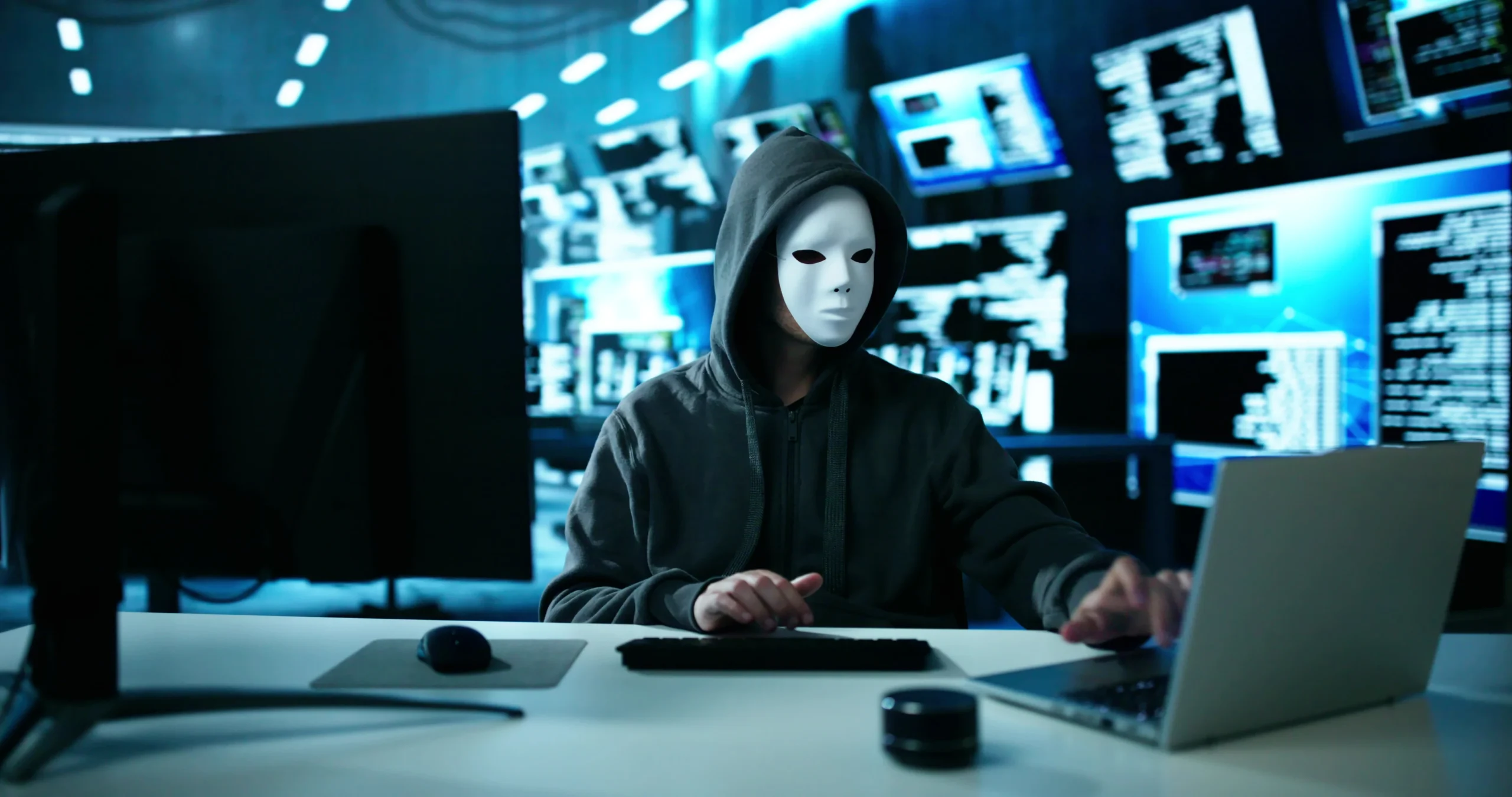 Hacker taking control of a computer system wearing a mask